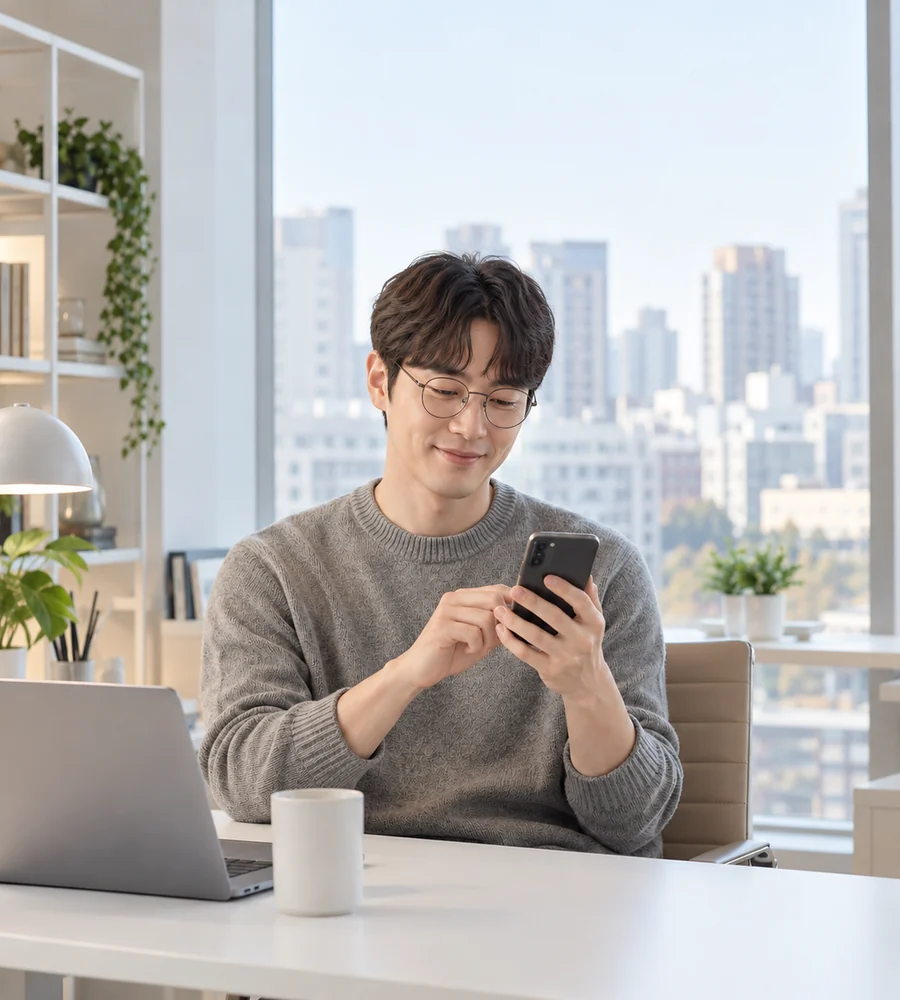 창원 개인돈 대출 상담을 휴대전화로 안내받는 고객