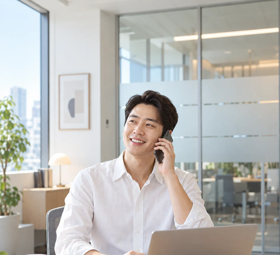 밝은 방에서 휴대전화로 편하게 상담 문자를 보내며 웃는 직장인 고객